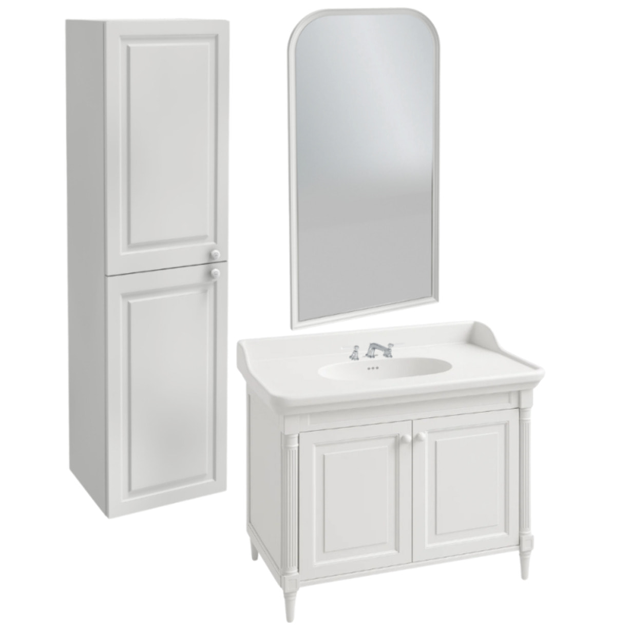 Pack meuble vasque 3 trous Cléo 1889 blanc velours + colonne gauche + miroir + mélangeur poignés chrome