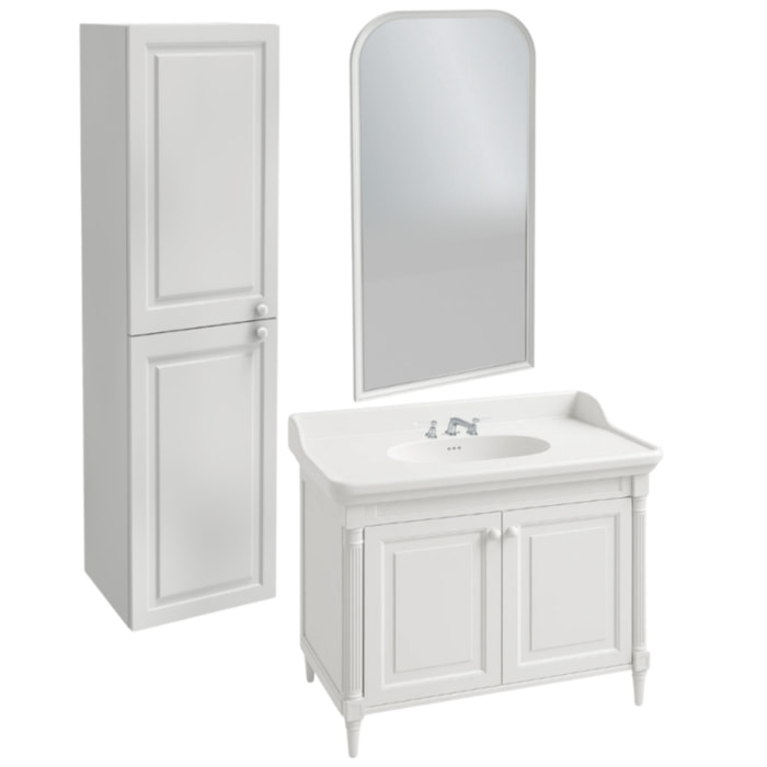 Pack meuble vasque 3 trous Cléo 1889 blanc velours + colonne gauche + miroir + mélangeur poignés chrome