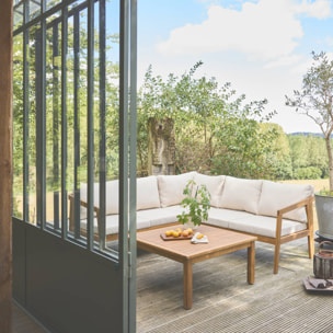 Salon de jardin d'angle beige en acacia 5 places LOBERIA CORNER. table carrée