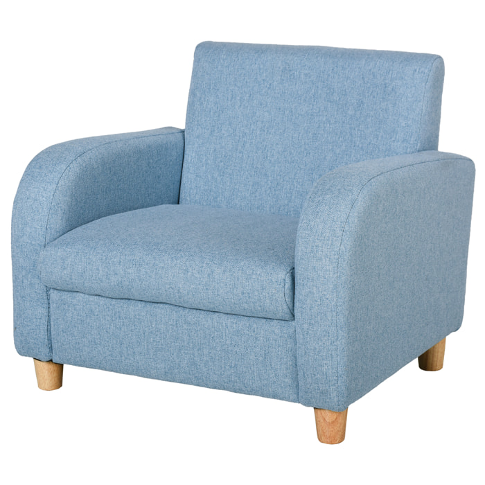 Fauteuil enfant design scandinave grand confort accoudoirs assise dossier garnissage mousse haute densité piètement bois caoutchouc lin bleu