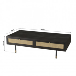 YANIS - Table basse noire bois Pin 4 tiroirs cannage