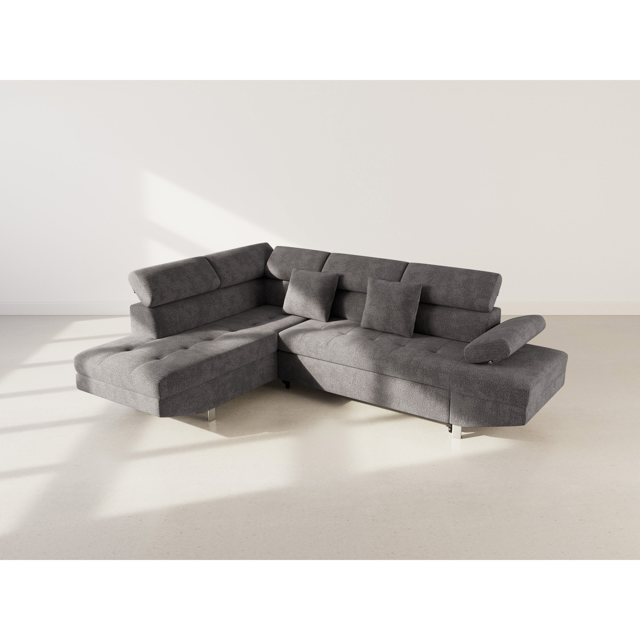Margaux - Canapé d'angle gauche 5 places convertible avec coffre et têtières réglables en velours texturé - Gris
