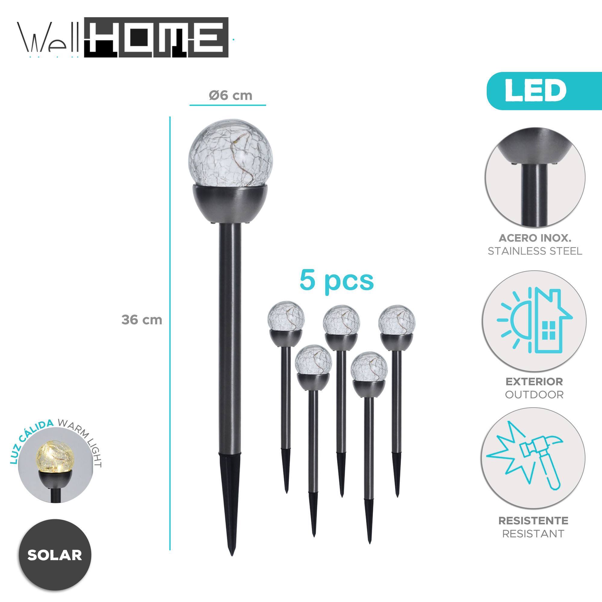 Well Home Juego de 5 luces solares en acero inoxidable Ø6cm