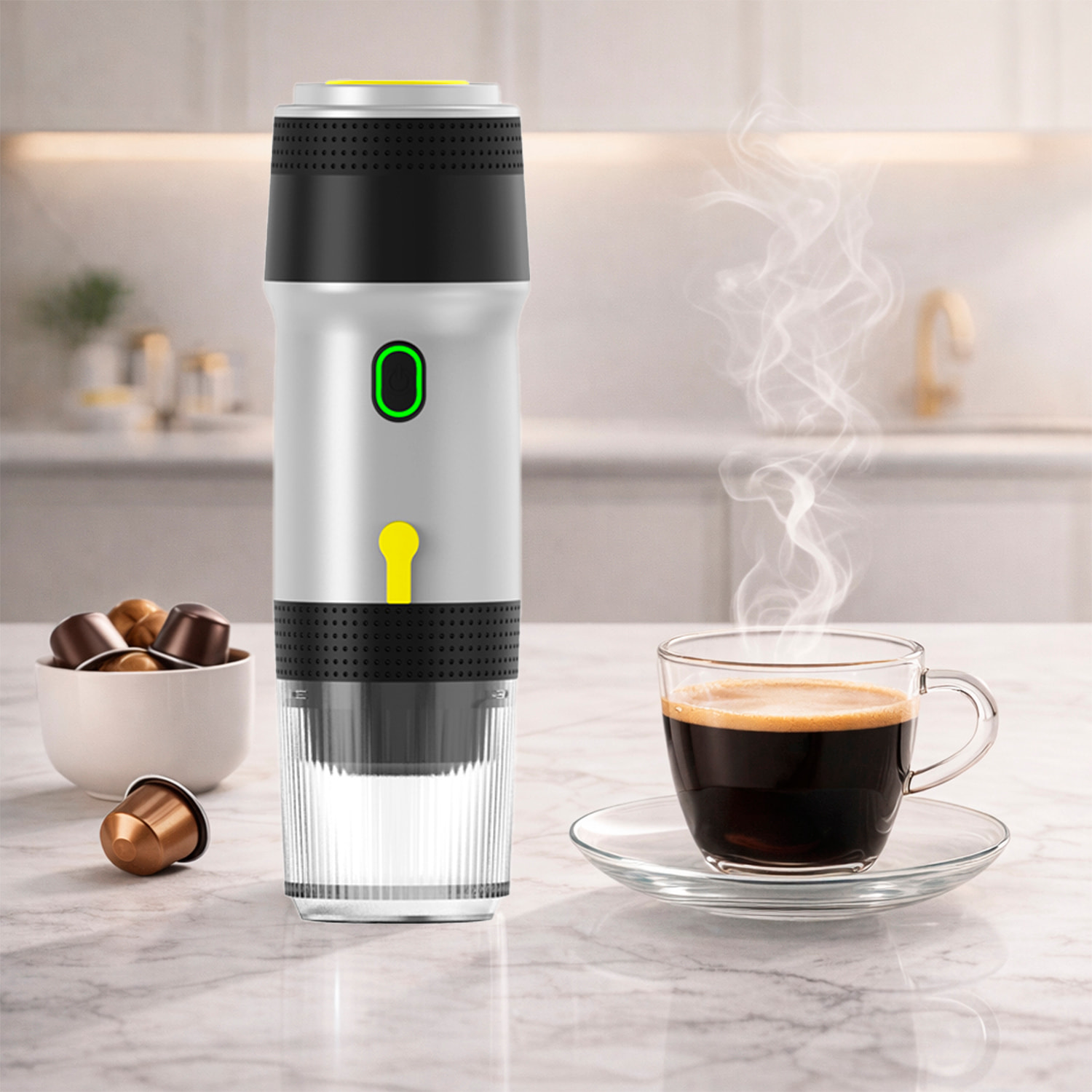 Cafetera portátil de cápsulas KF-JN-01, con batería recargable de 7500mAh. Compatible con cápsulas y café molido.