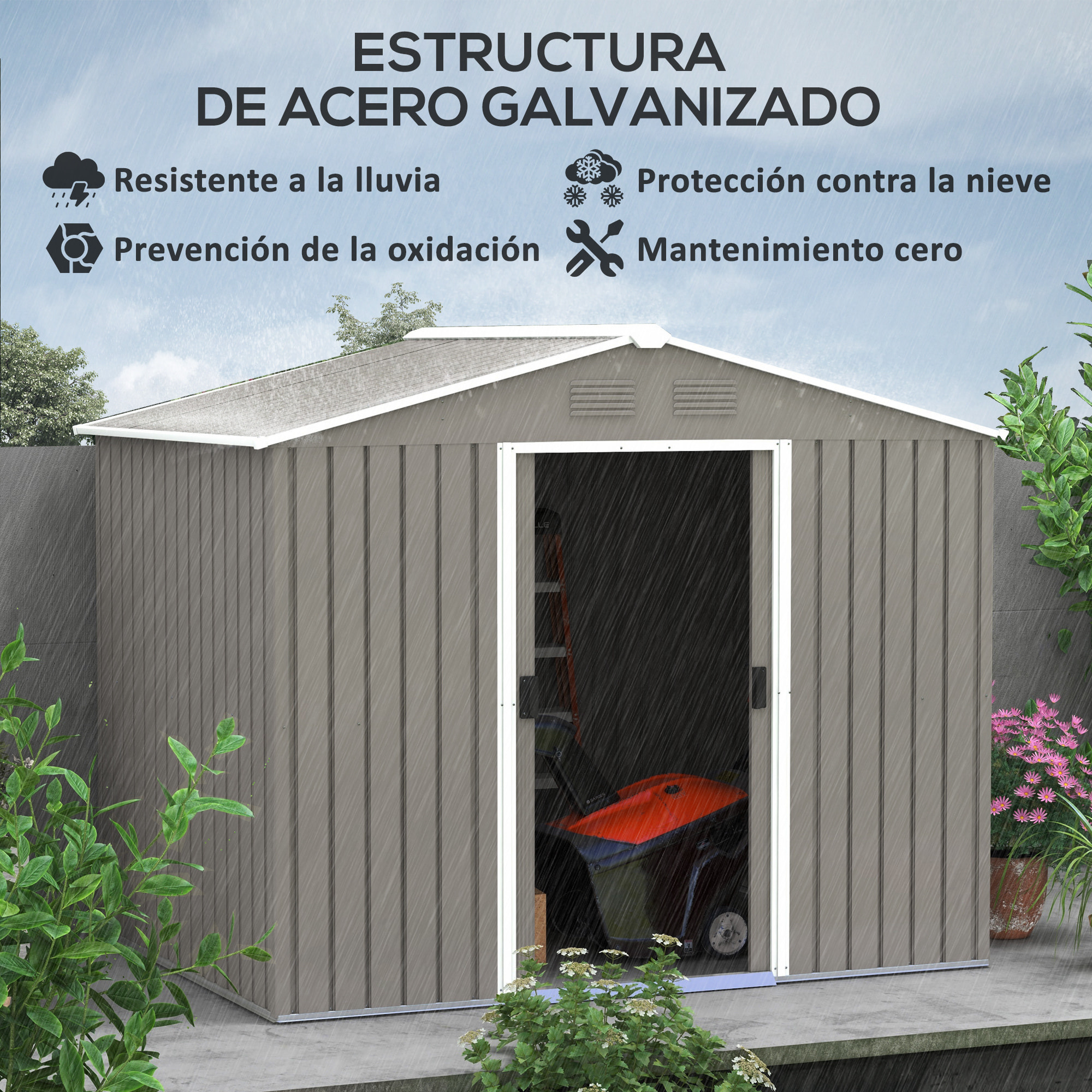 Caseta de Jardín Exterior 3,6 m² 236x174x190 cm Cobertizo de Jardín Exterior con 2 Puertas Correderas Techo Inclinado y 4 Ventanas para Patio Terraza Gris Claro