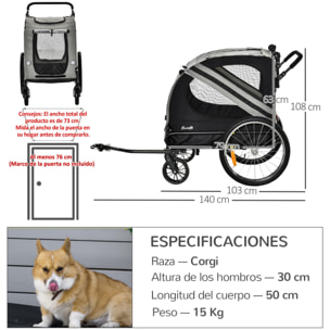 Remolque de Bicicleta Perros 2 en 1 Carrito Transporte para Mascotas con Puertas Enrollables Ventanas Cinturón de Seguridad Bandera y 6 Reflectores 140x72,5x108 cm Gris