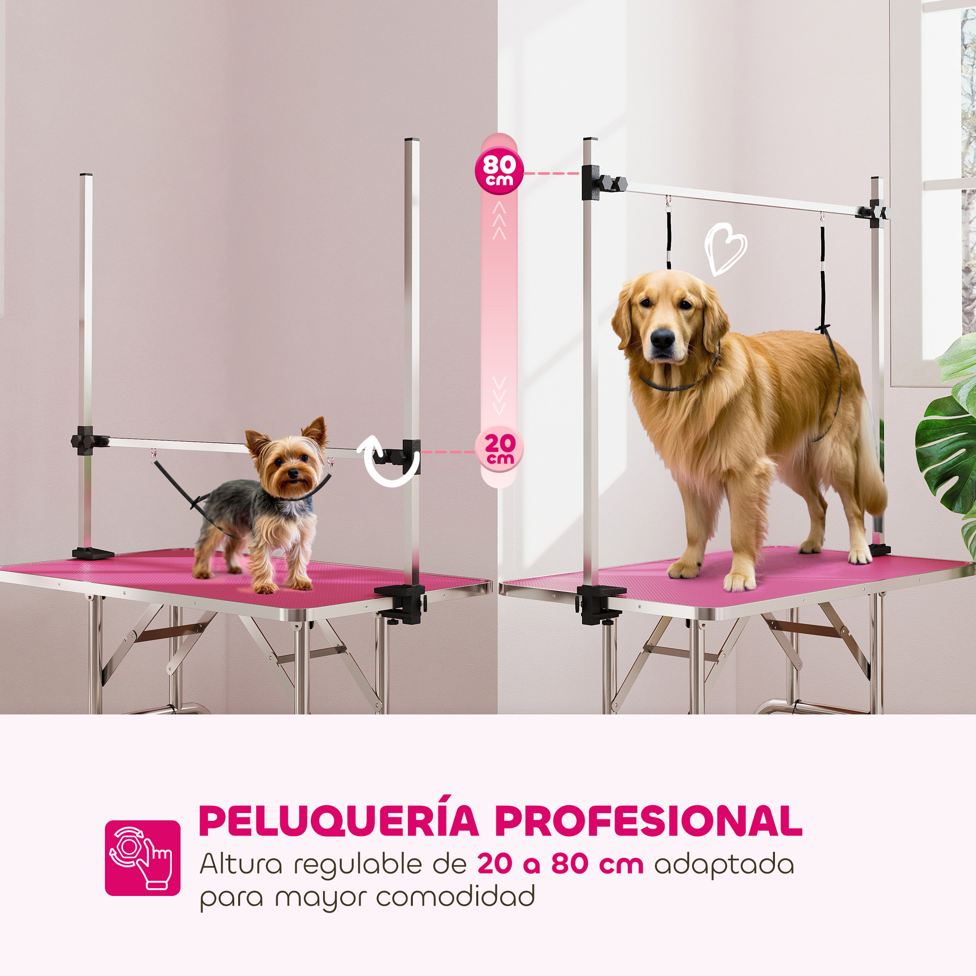 Mesa de Peluquería Canina Plegable, Mesa de Aseo con Cesta de Rejilla Metálica, Encimera Antideslizante, Barra de Acero Inoxidable Ajustable, para Perros, Gatos, 107x60x164 cm, Rosa
