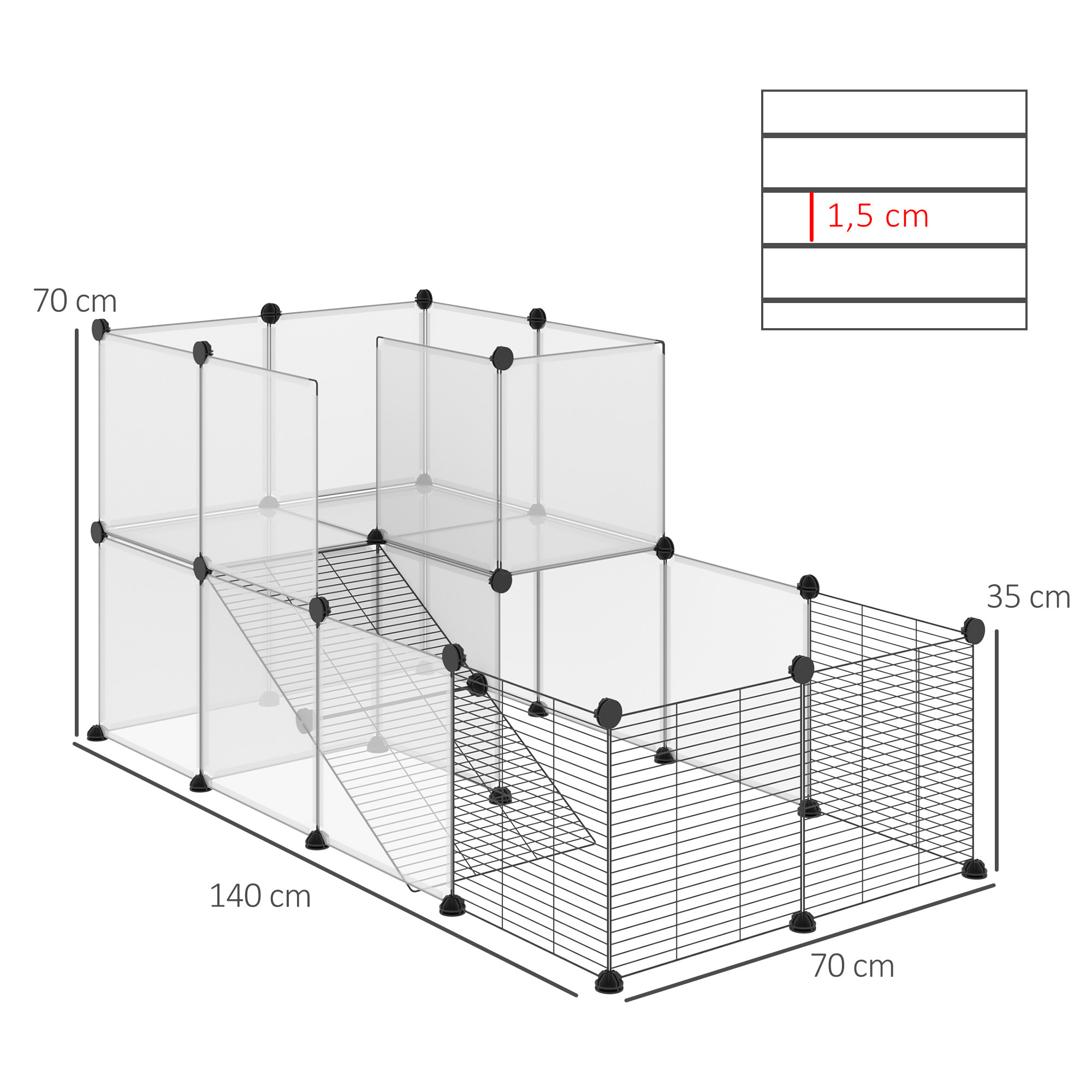 Jaula para Animales Pequeños Parque para Mascotas con 27 Paneles y Forma Personalizable para Cobayas Conejos Chinchillas 140x70x70 cm Transparente