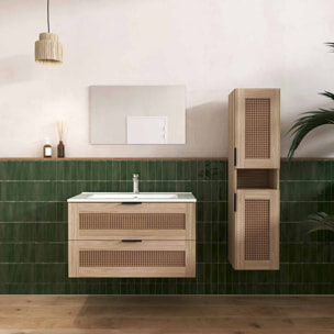 Ensemble Meuble de Salle de Bains 80 cm et Colonne - Decor Bois et Cannage - APOLLINE