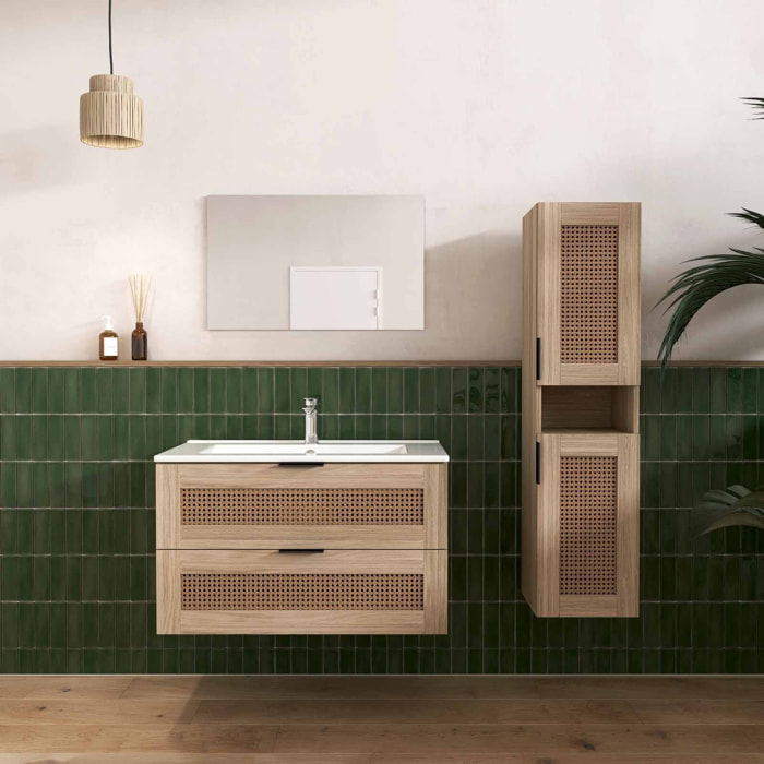 Ensemble Meuble de Salle de Bains 80 cm et Colonne - Decor Bois et Cannage - APOLLINE