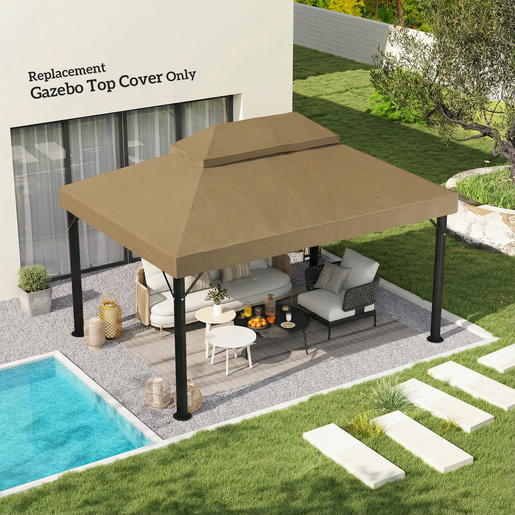 Toile de rechange barnum tonnelle 4 x 3 m - toit double avec œillets drainage - polyester haute densité 370 g/m² beige