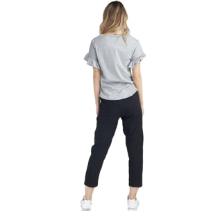 Camiseta de mujer brillante de manga corta con volantes