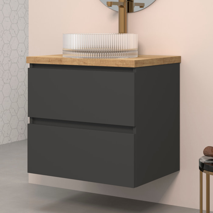 Conjunto de Baño Kub | 60 cm Negro | Dos Cajones | Lavabo de Cristal | No incluye Espejo | Mueble Montado | Alday