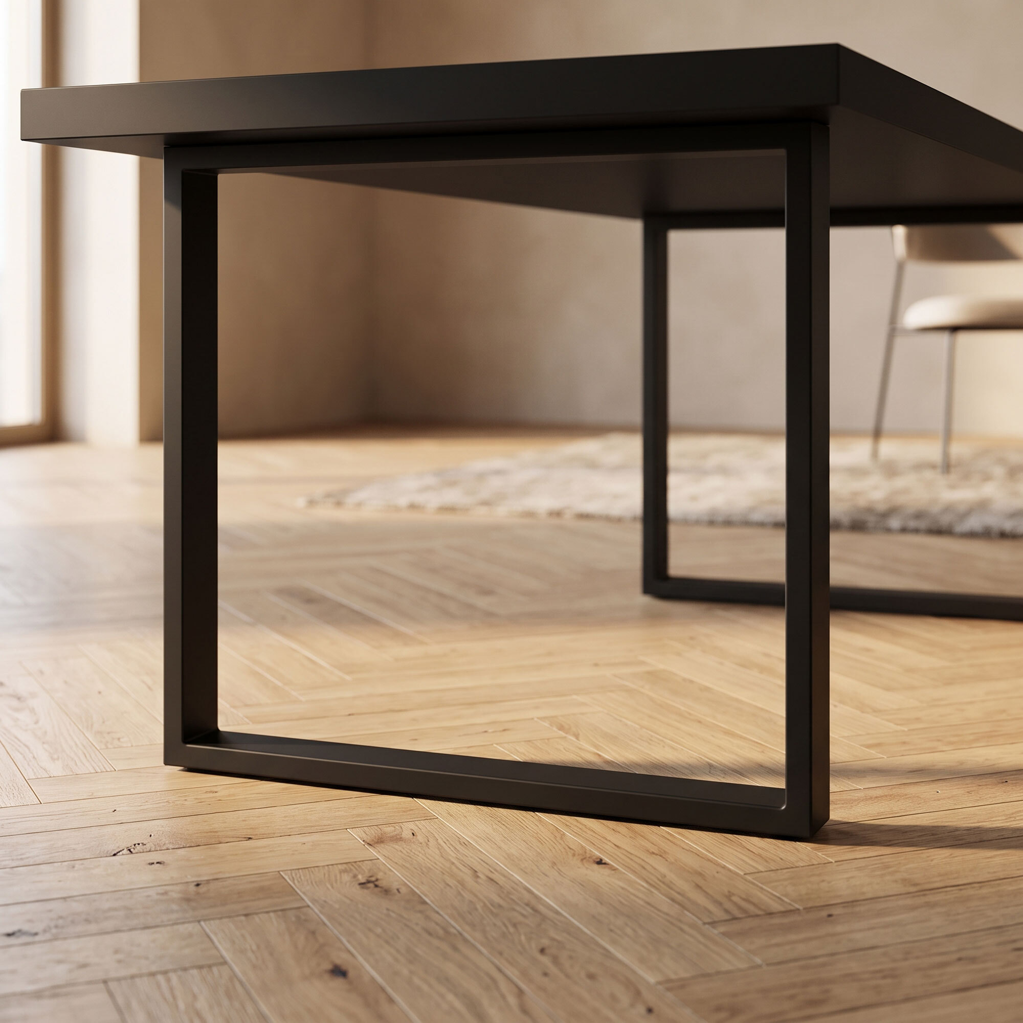Tavolo da pranzo 220x100cm in legno e metallo con piedi squadrati e ripiano in colore legno nero
