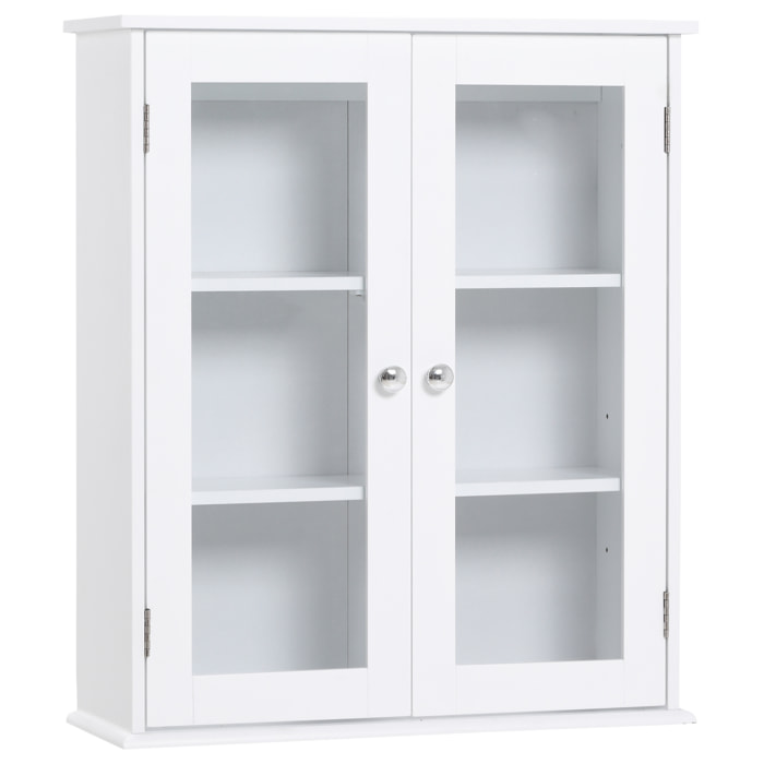 kleankin Armario de Pared Baño de 2 Puertas de Cristal Armario Colgante Multiusos para Cocina Salón con Estantes Interiores y Balda Ajustable 55x20x65 cm Blanco