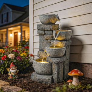 Fuente de Agua Decorativa con Iluminación LED y Bomba, Fuente de Jardín Exterior en Cascada de 4 Niveles, Flujo Ajustable, Resistente a la intemperie, para Jardín, Terraza, Patio, Gris