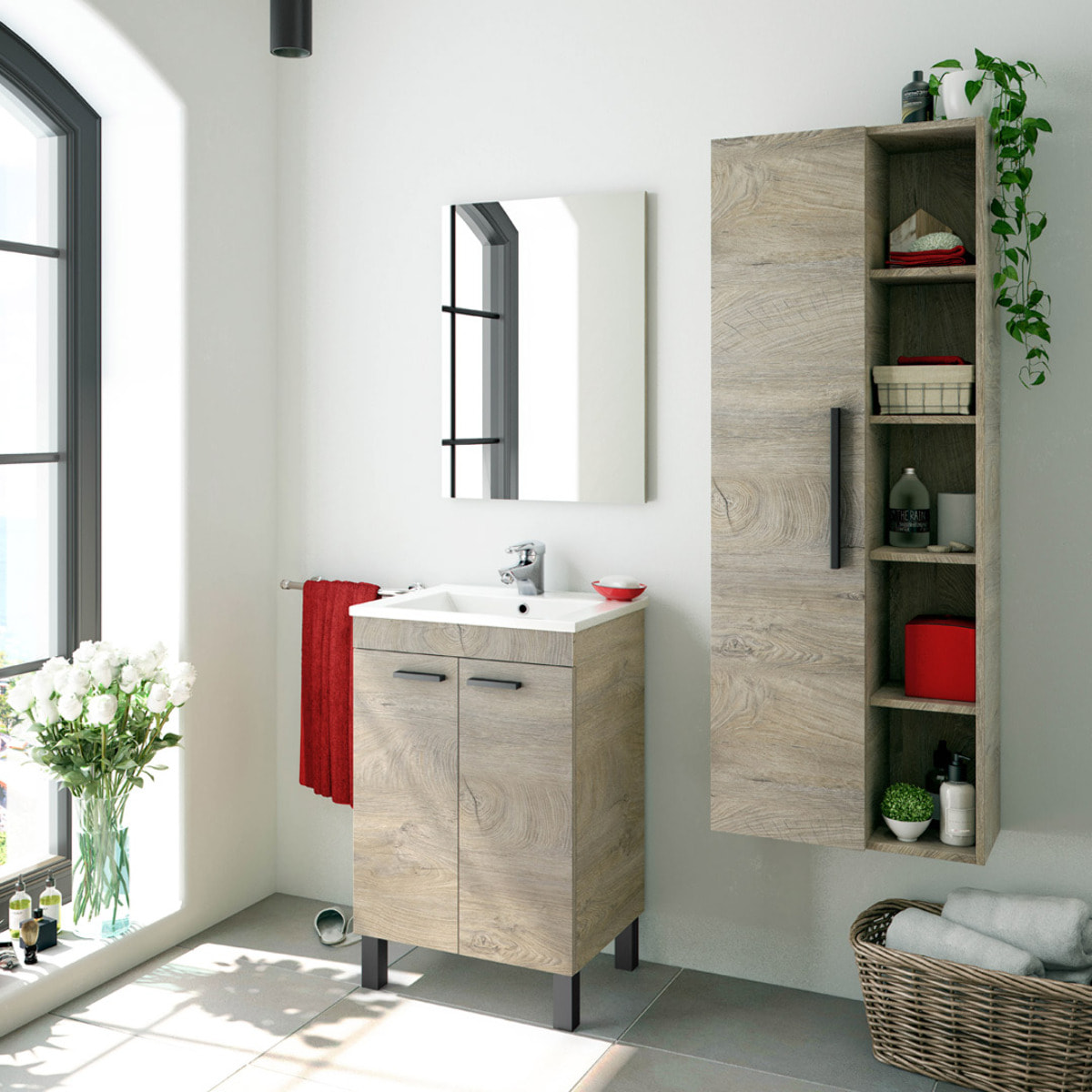 Mueble Baño Con Espejo Koncept 80x50x40 Cm Roble Alaska