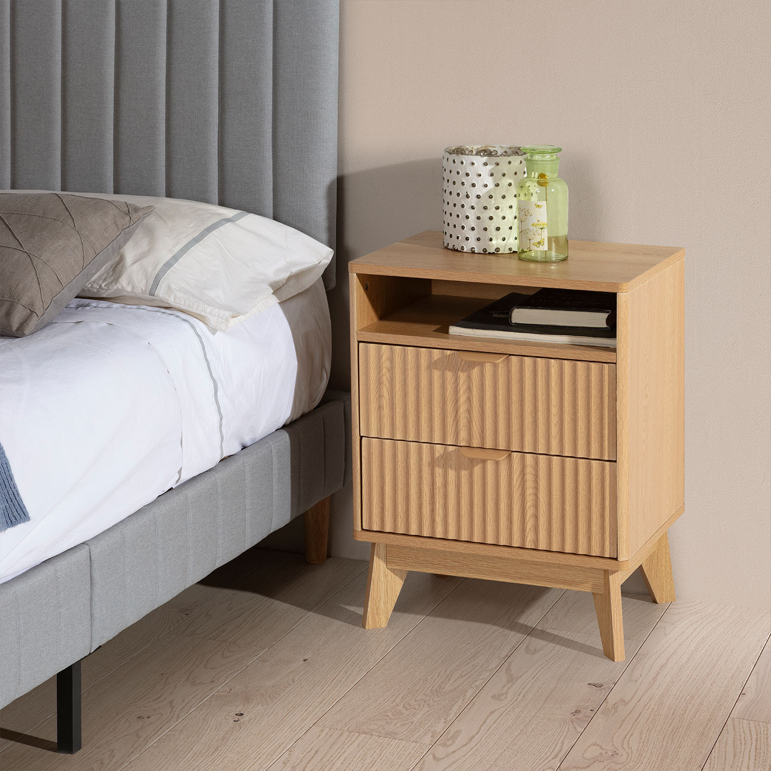 Mesita de noche Oporto 2 cajones 1 hueco efecto Roble