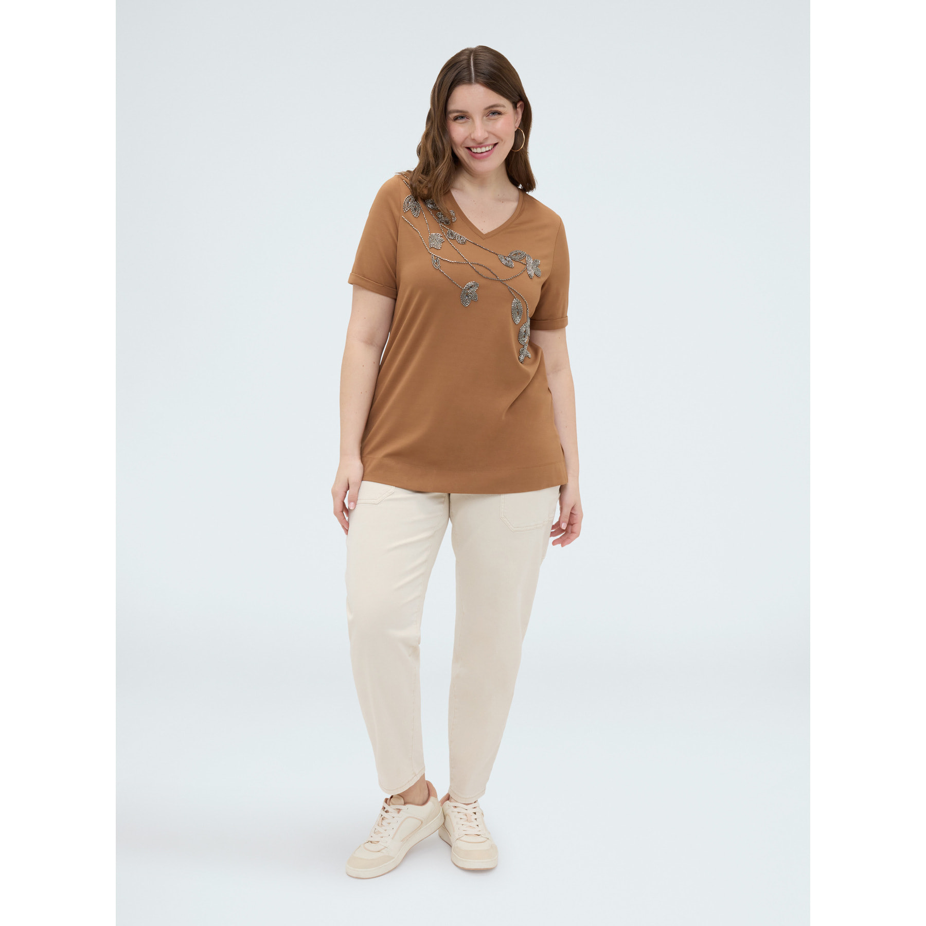 Fiorella Rubino - Camiseta de algodón con bordado floral - Marrón