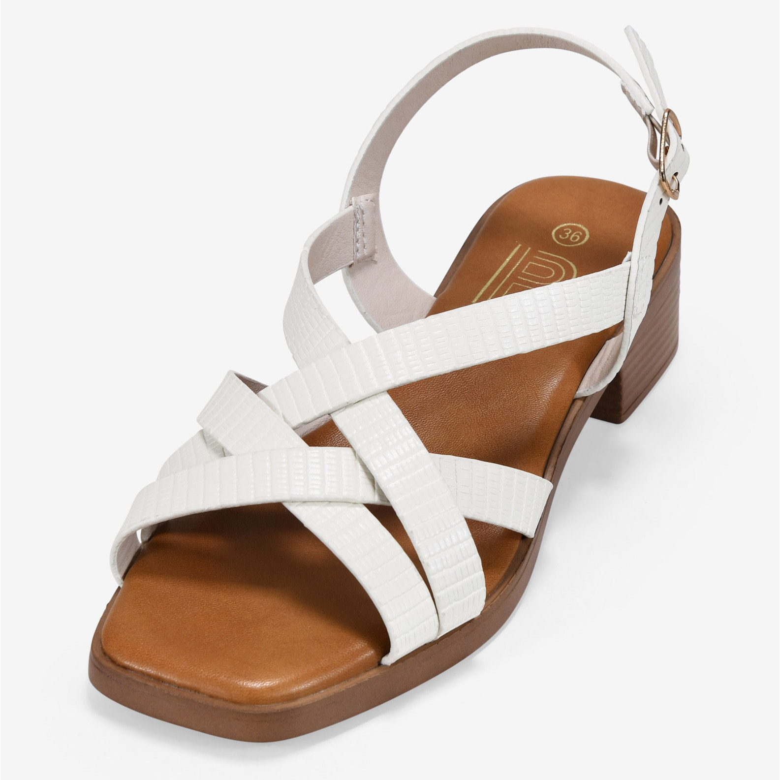 Sandalias de tacón beige con tiras y hebilla