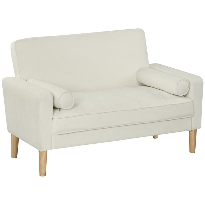 Sofá de 2 Plazas Tapizado en Terciopelo Sofá de Salón de 130 cm con Asiento Capitoné 2 Almohadas y Patas de Madera para Espacios Pequeños Dormitorio Sala de Estar Oficina Crema