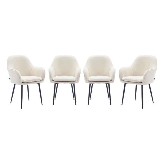 Lot de 4 fauteuils en velours côtelé blanc cassé et pieds en métal noir mat. L 57 x P 59 x H 84.5cm
