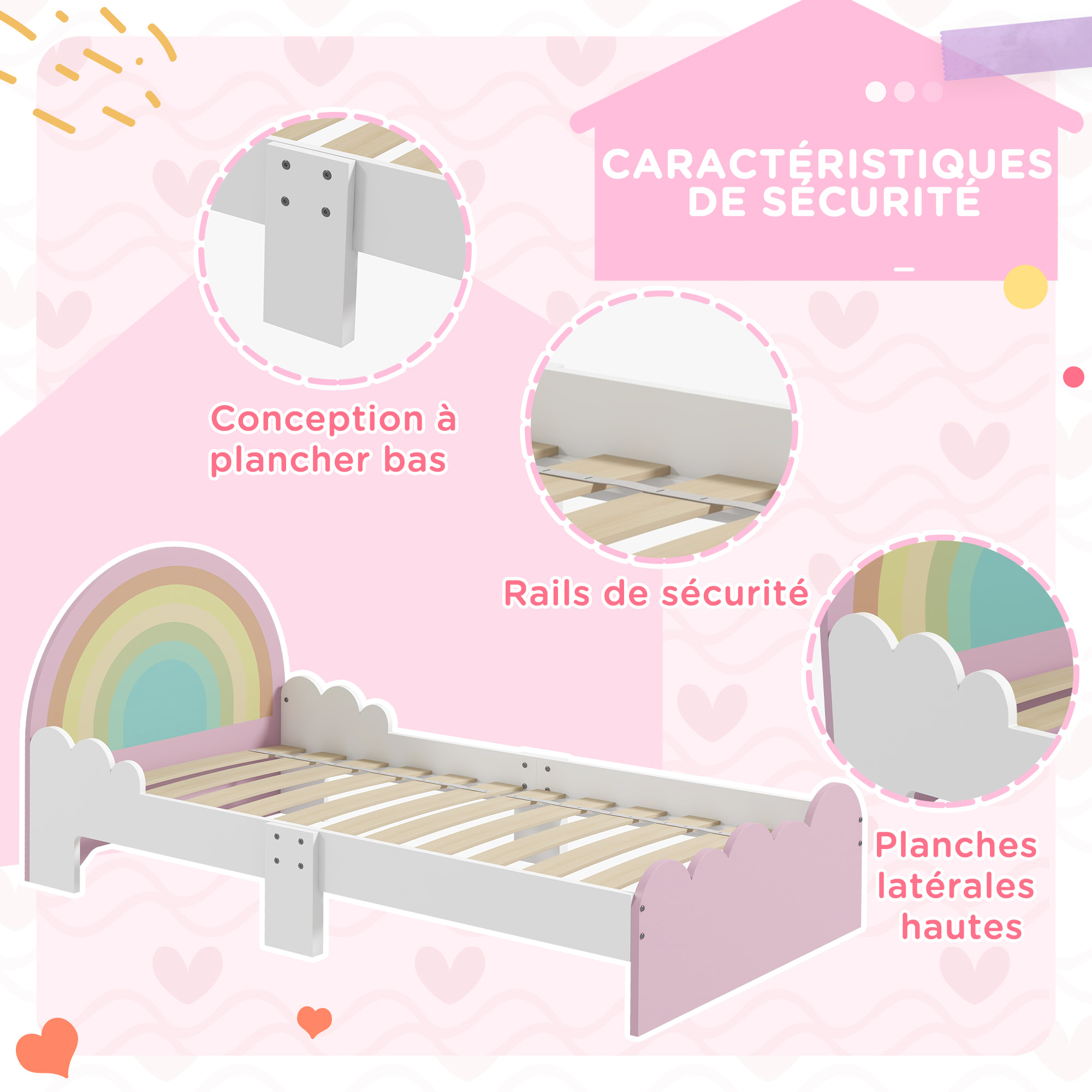 Lit enfant design girly motifs arc en ciel, nuages - sommier à lattes inclus - MDF contreplaqué rose blanc