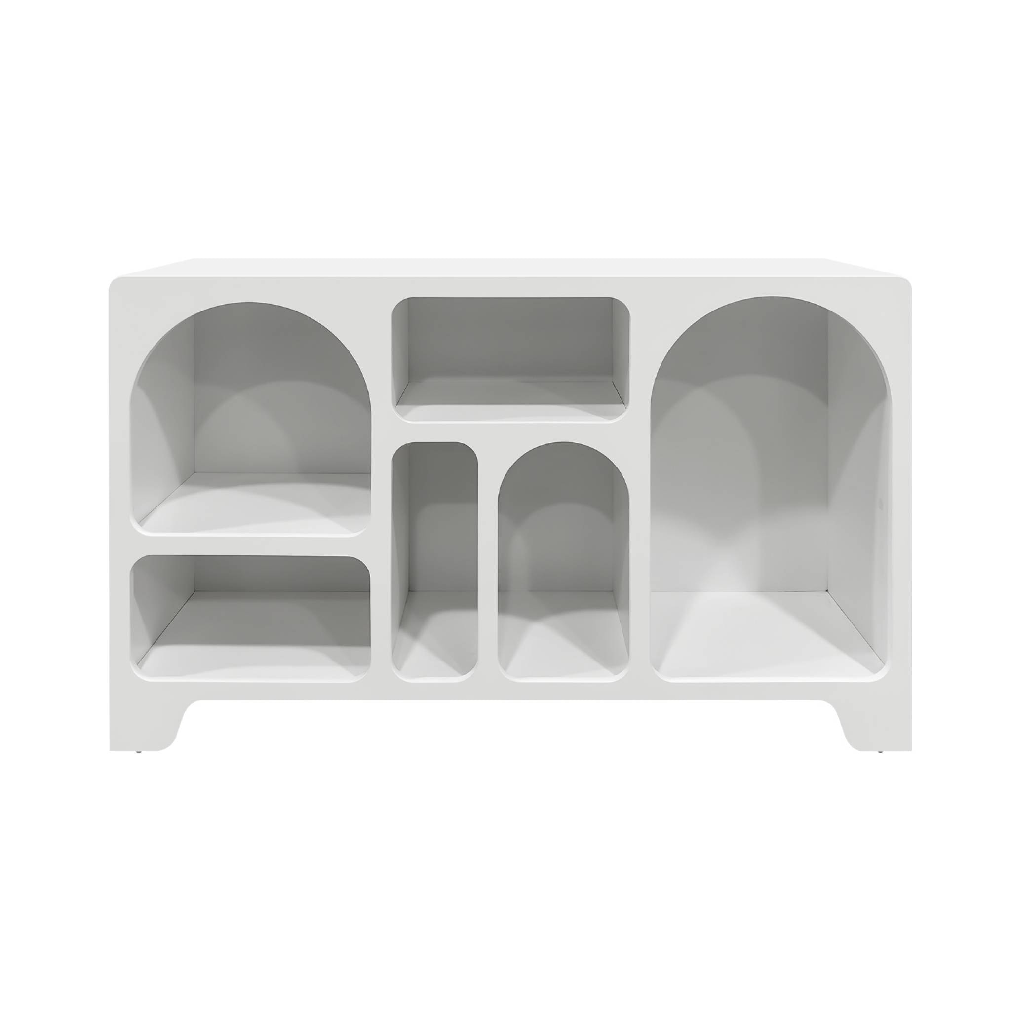 Buffet organique plusieurs niches 6 compartiments. buffet bas. effet bois blanc 120cm