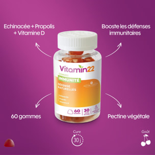 VITAMIN'22 - Gommes immunité - à Base de Vitamine D, Propolis et Échinacée - Booste les défenses immunitaires - Au délicieux goût de cerise - 60 gommes