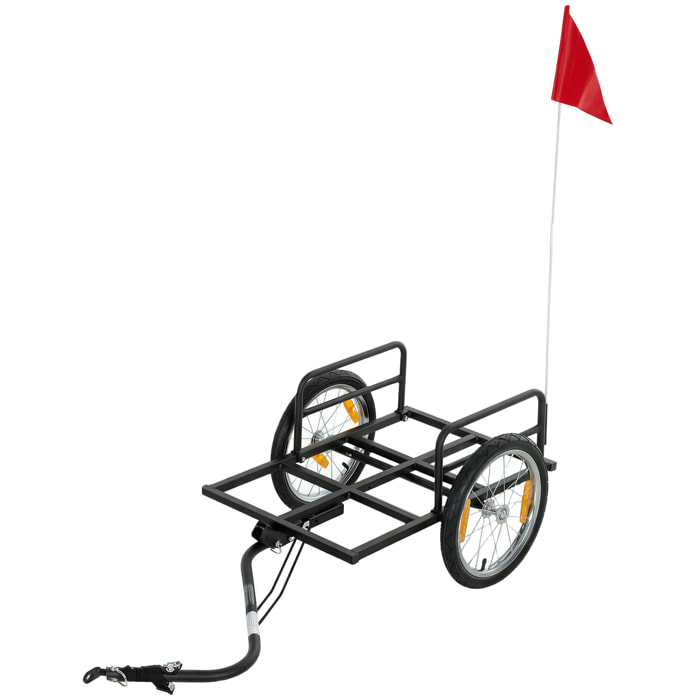 Remolque de Bicicleta para Carga 40 kg, Carro de Mano de Acero con Bandera Roja, Ruedas de 16 Pulgadas, para Transporte de Equipaje, para Bici de 22 a 28 Pulgadas, 145x60x42 cm, Negro