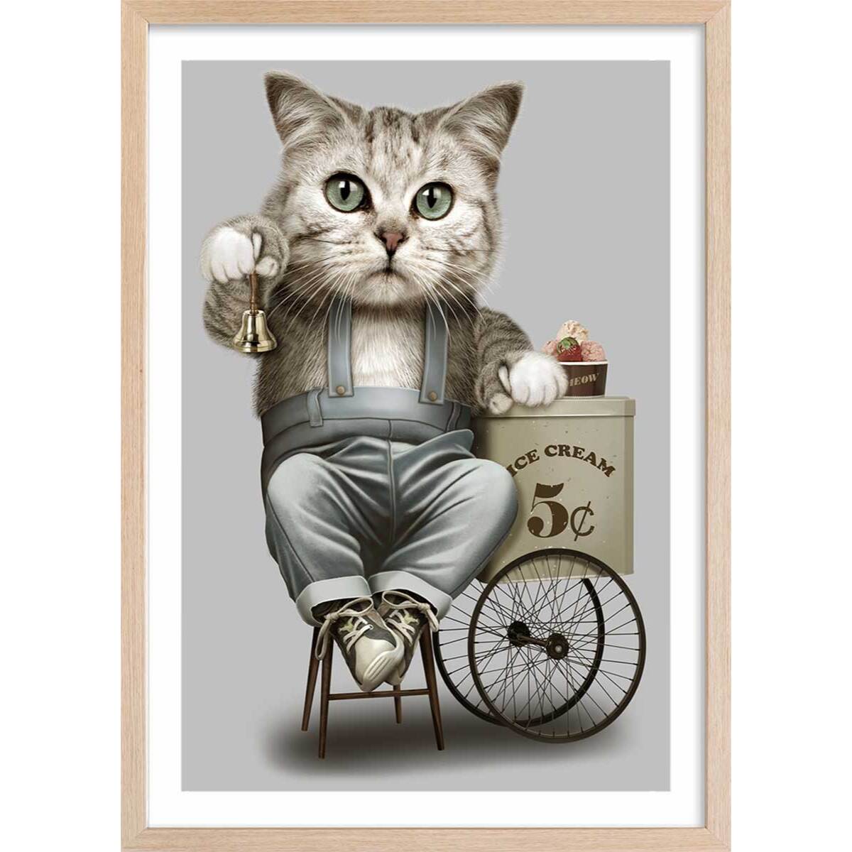 Affiche enfant vendeur de crême glacé  Affiche + cadre en bois - Chêne