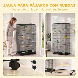 Jaula Grande para Pájaros con Ruedas, Jaula Metálica con 6 Comederos, Bandeja Extraíble, Múltiples Puertas, 3 Perchas de Madera, Pajarera para Periquitos, Agapornis, Ninfas 77x46,5x141 cm Negro