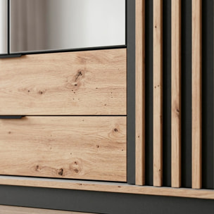 Armadio Guardaroba Moderno Con 2 Ante Battenti Specchio Anta Scorrevole 2 Cassetti Design Moderno 220 x 210 x 60 cm Rovere E Grigio Antracite