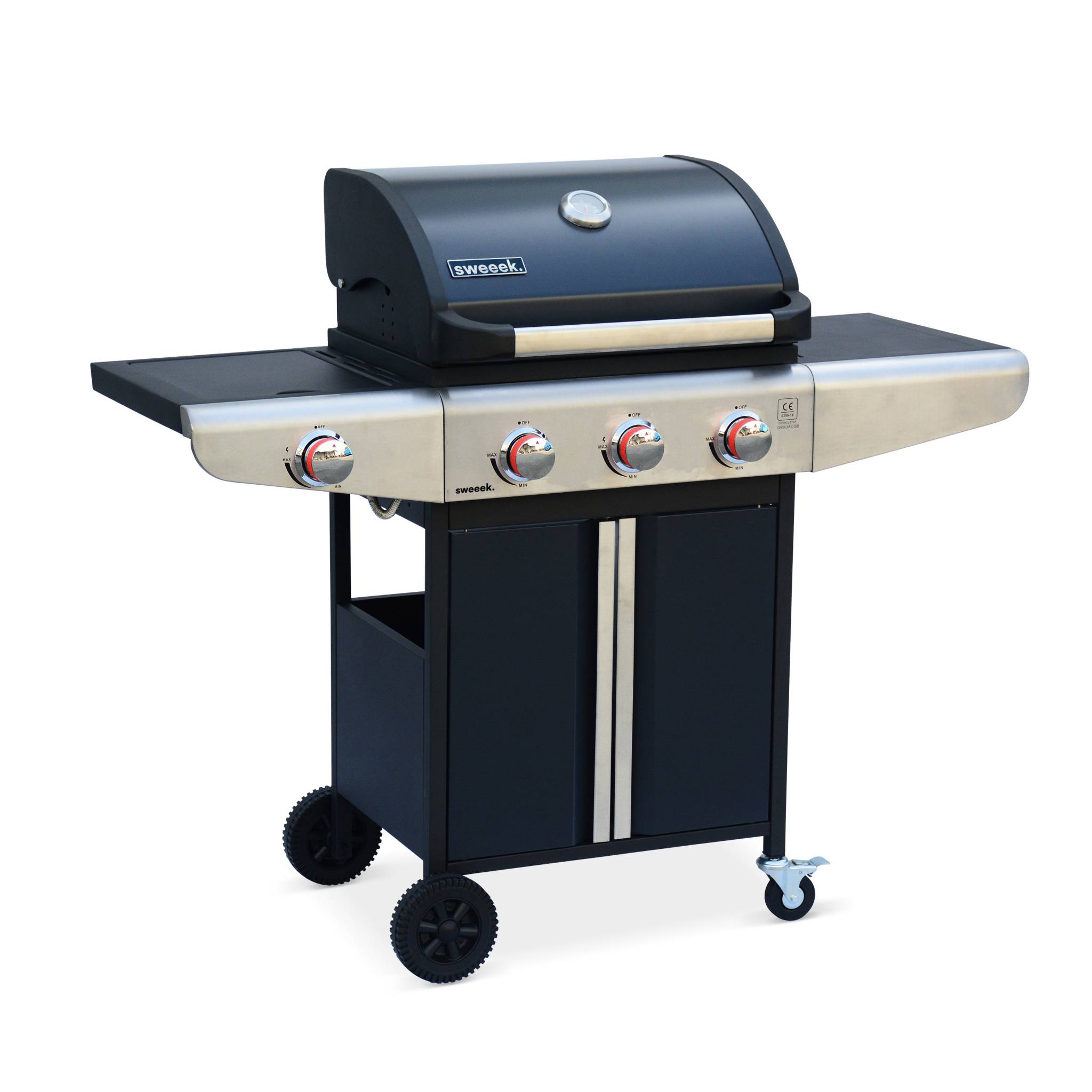 Barbecue au gaz - Bazin 3 Gris anthracite -  Cuisine extérieure 3 brûleurs + 1 feu latéral avec tablettes et thermomètre. rangement. roues