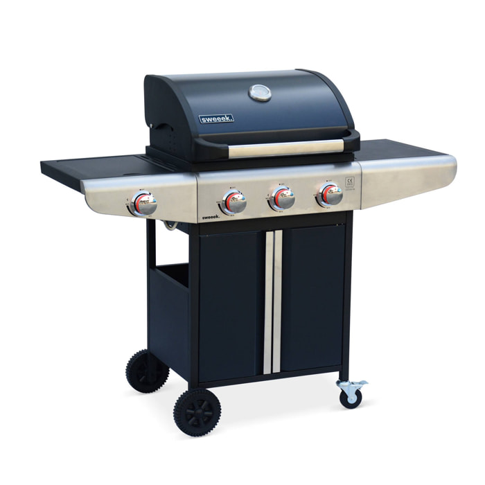 Barbecue au gaz - Bazin 3 Gris anthracite -  Cuisine extérieure 3 brûleurs + 1 feu latéral avec tablettes et thermomètre. rangement. roues