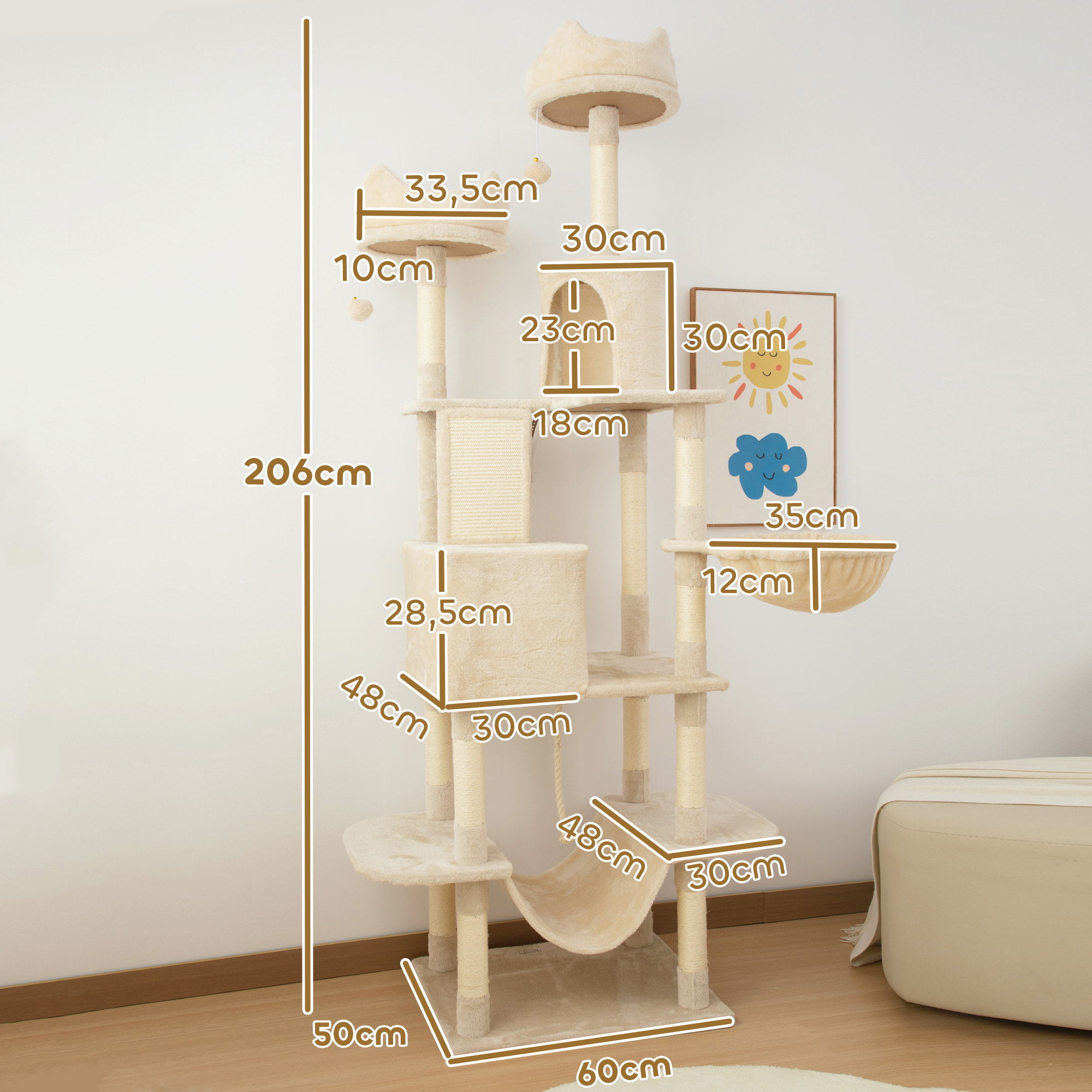 Árbol Rascador para Gatos Grande Altura 206 cm Árbol para Gatos Torre para Gatos con Plataformas Cuevas Bolas Colgantes y Hamacas Beige