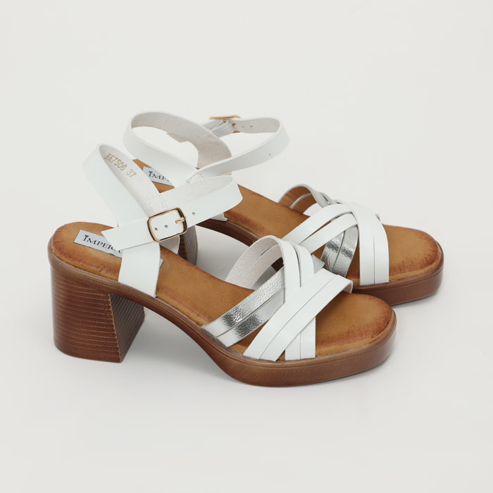 Sandali in simil pelle con tacco comodo quadrato e fasce bicolore