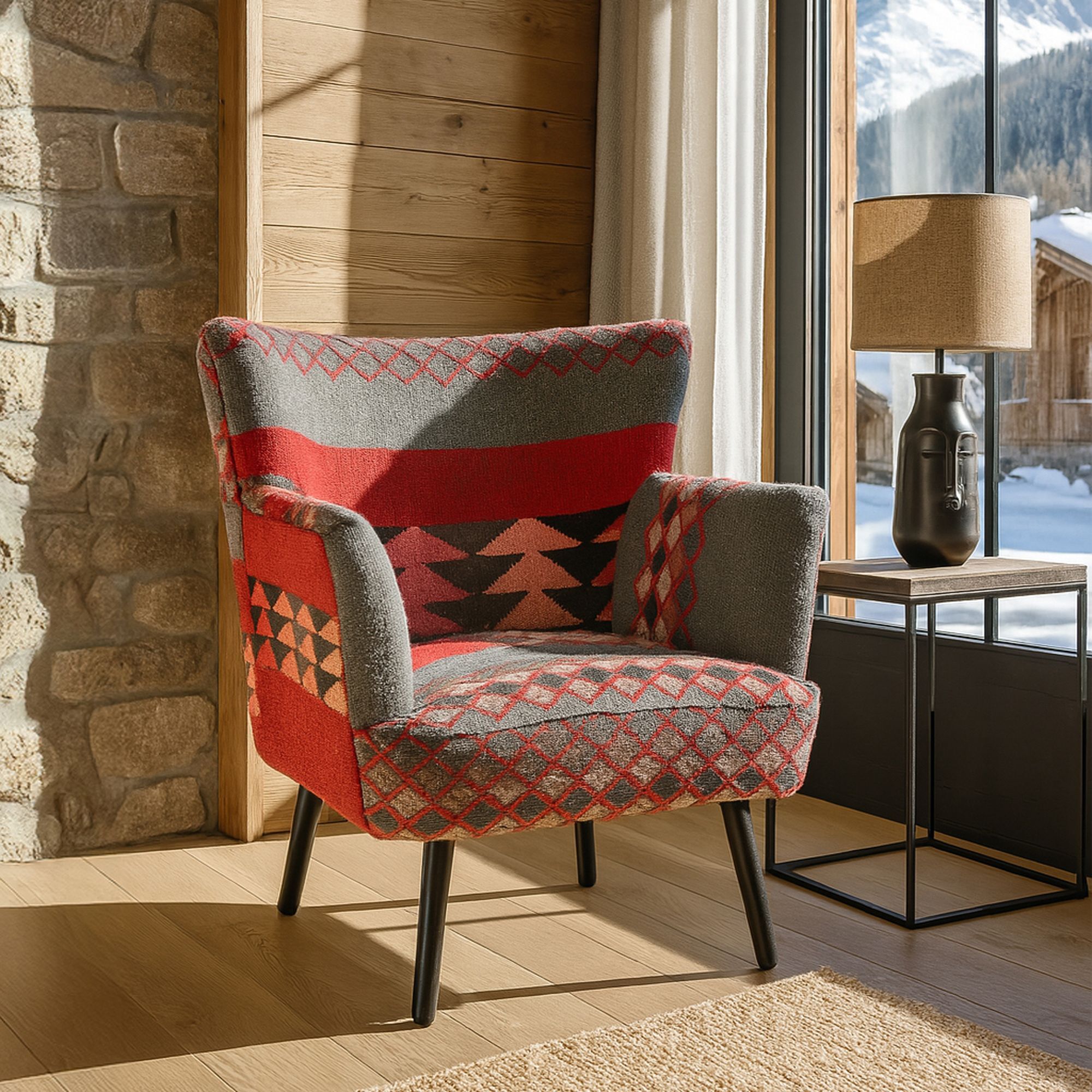 Fauteuil en kilim brodé main et pieds en bois noir INCA