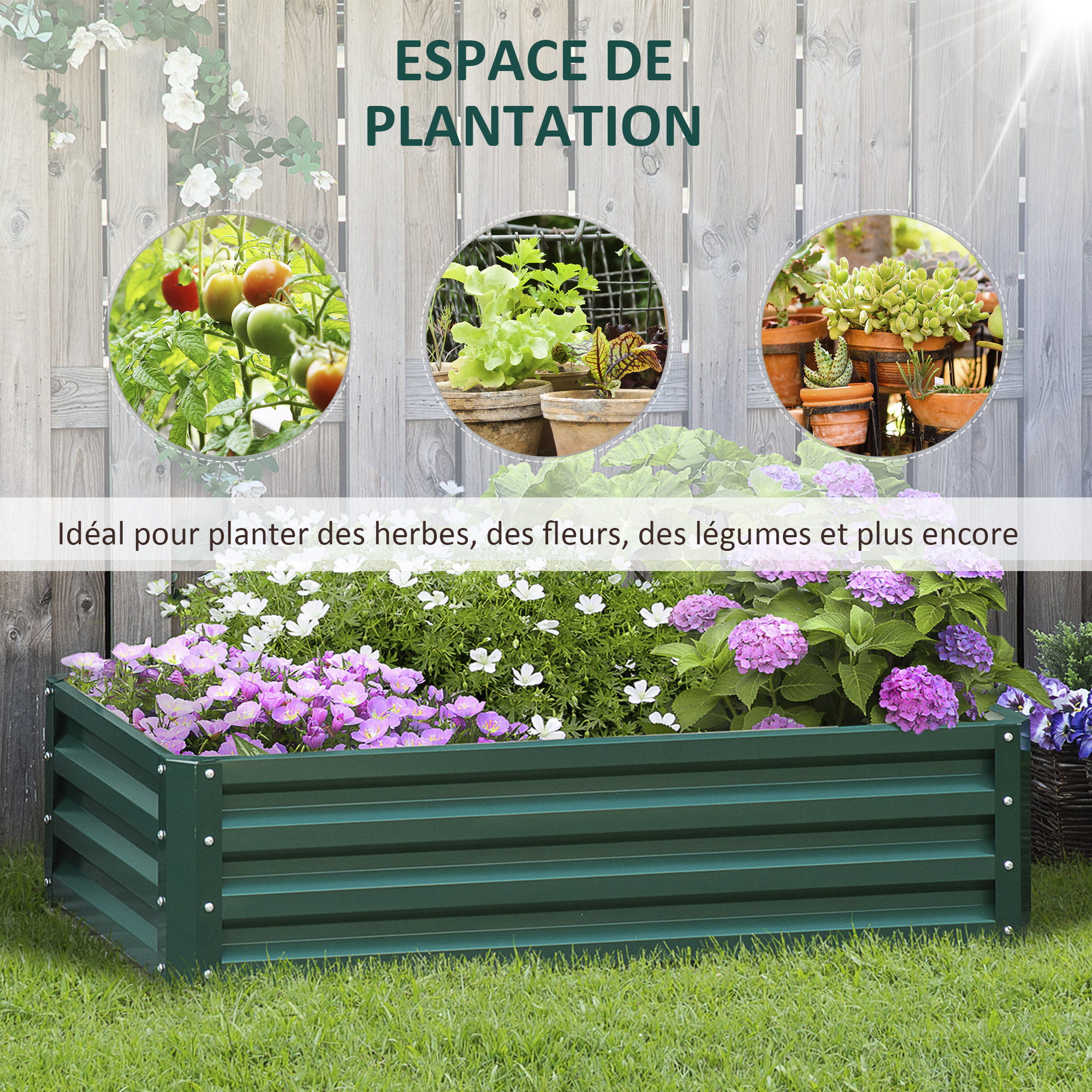 Carré potager de jardin dim. 120L x 60l x 30H cm tôle d'acier ondulée vert