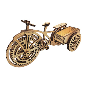 Maqueta de Madera 3D, con movimiento mecánico diseño de Tarjetero Triciclo. 72 piezas.