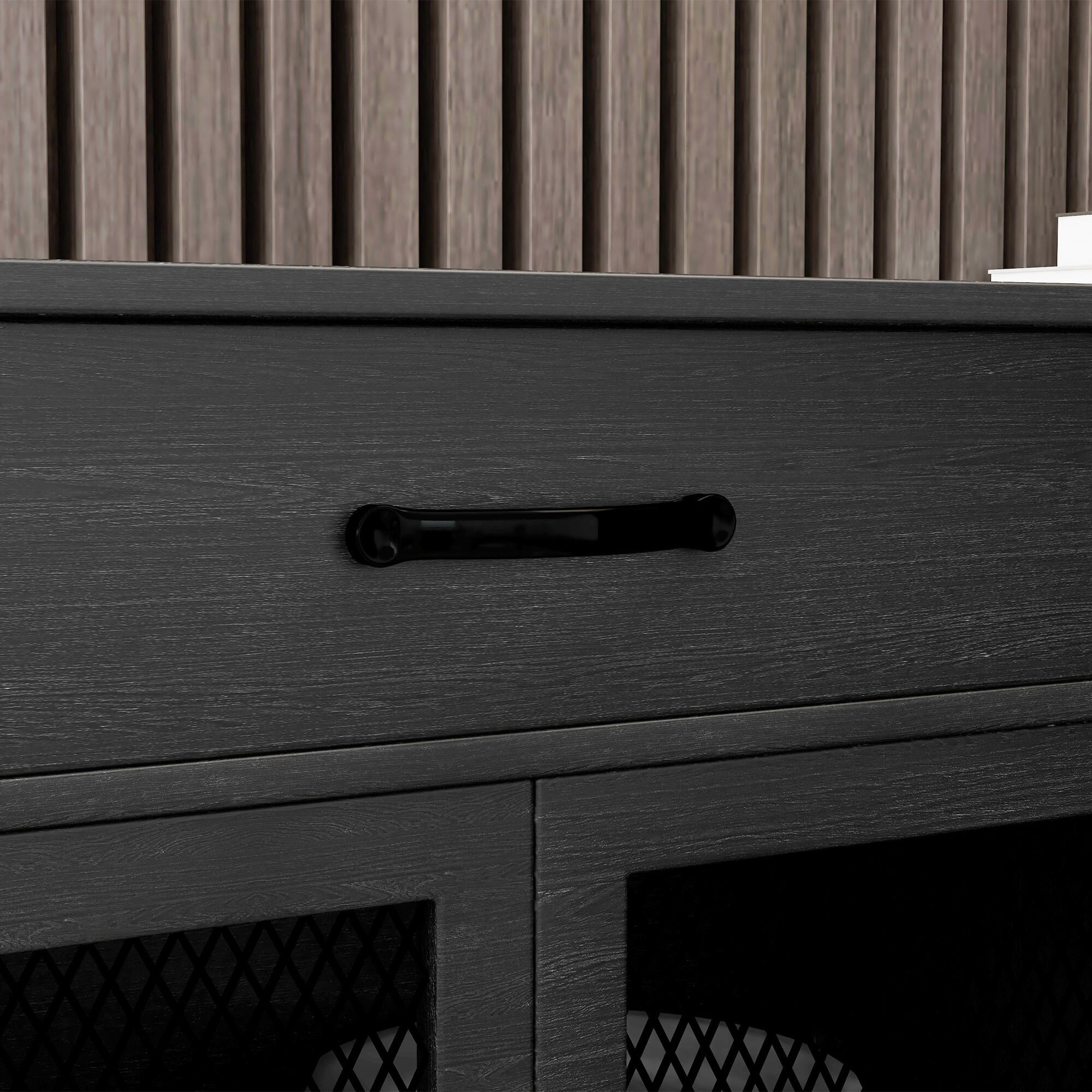 Buffet design industriel - 4 portes, 2 étagères réglables, 2 tiroirs - panneaux façades grillagées poignées métal noir