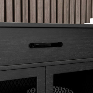 Buffet design industriel - 4 portes, 2 étagères réglables, 2 tiroirs - panneaux façades grillagées poignées métal noir