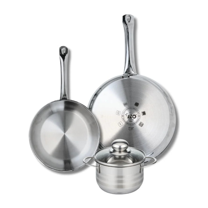 Ensemble de 2 Poêles de cuisson 24 et 28 cm et 1 faitout 14 cm Elo Profi Brillant