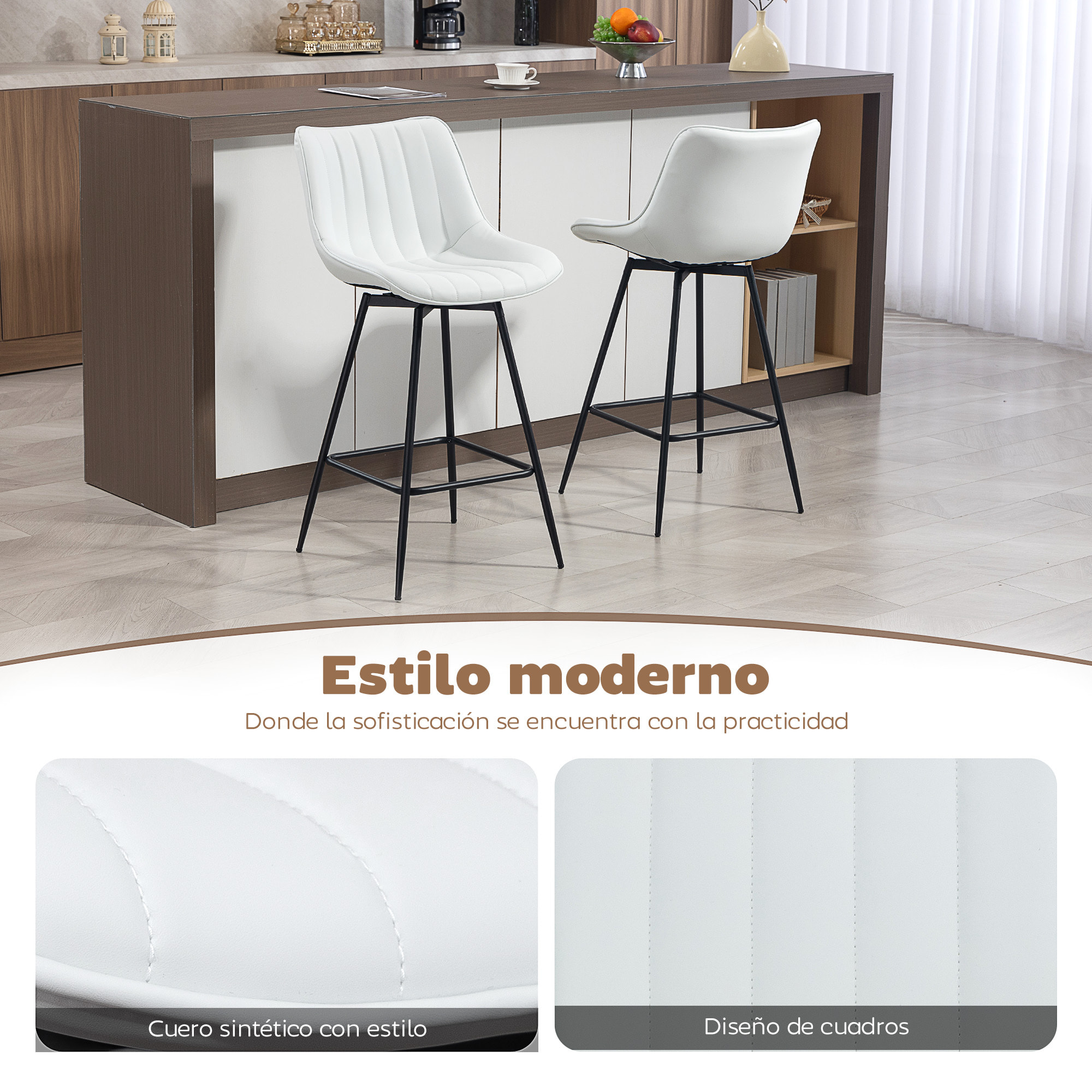 Juego de 2 Taburetes de Bar Giratorios, Taburetes Altos de Cocina con Respaldo Curvado y Reposapiés, Tapizado en PU, Marco de Acero, Sillas Altas de Cocina para Comedor, Salón, Blanco
