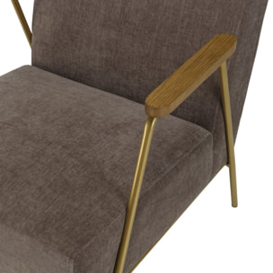 AGATHE - Fauteuil lounge tissu taupe métal doré accoudoirs bois