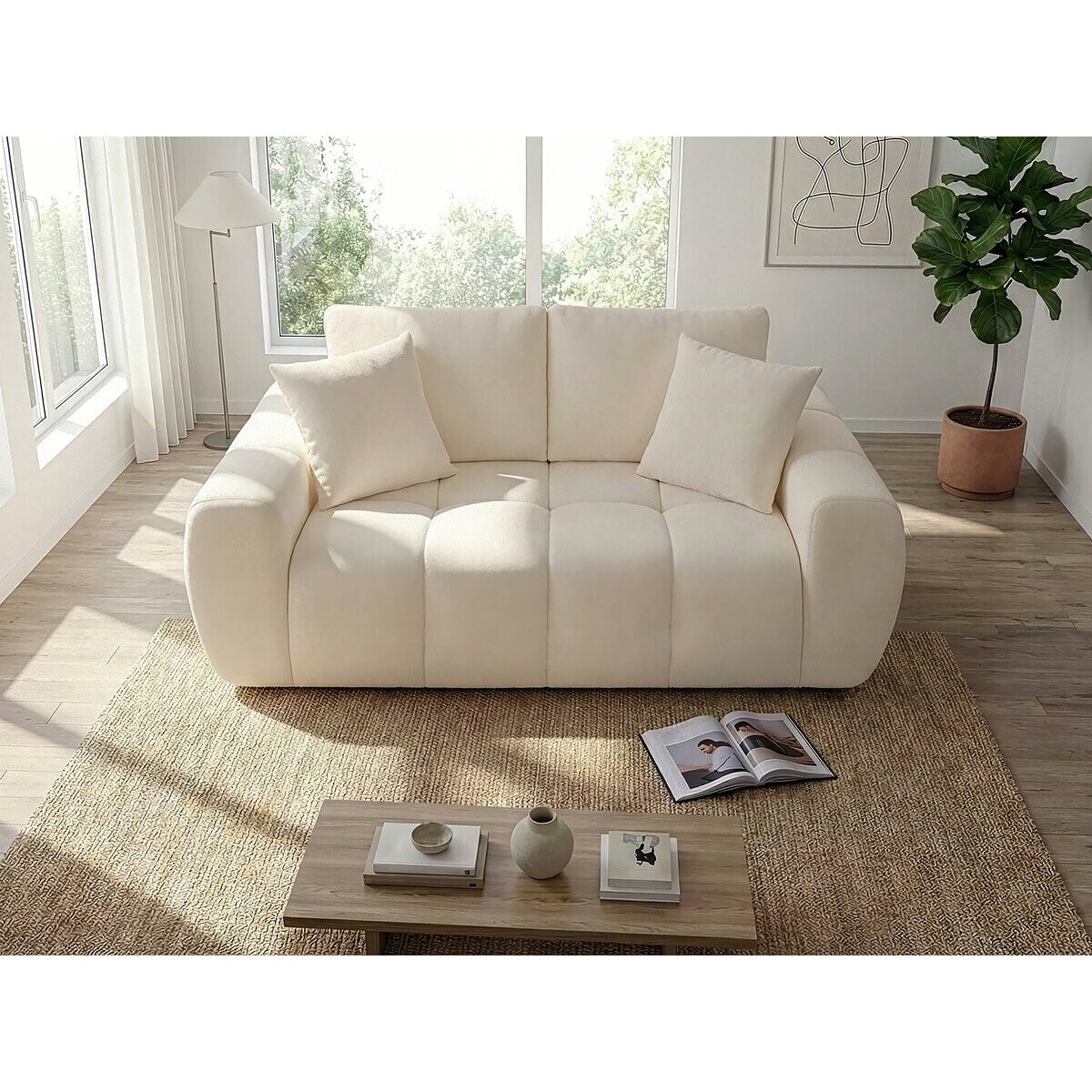 Canapé droit en tissu style bubble "Léonie" - 2 places - Beige