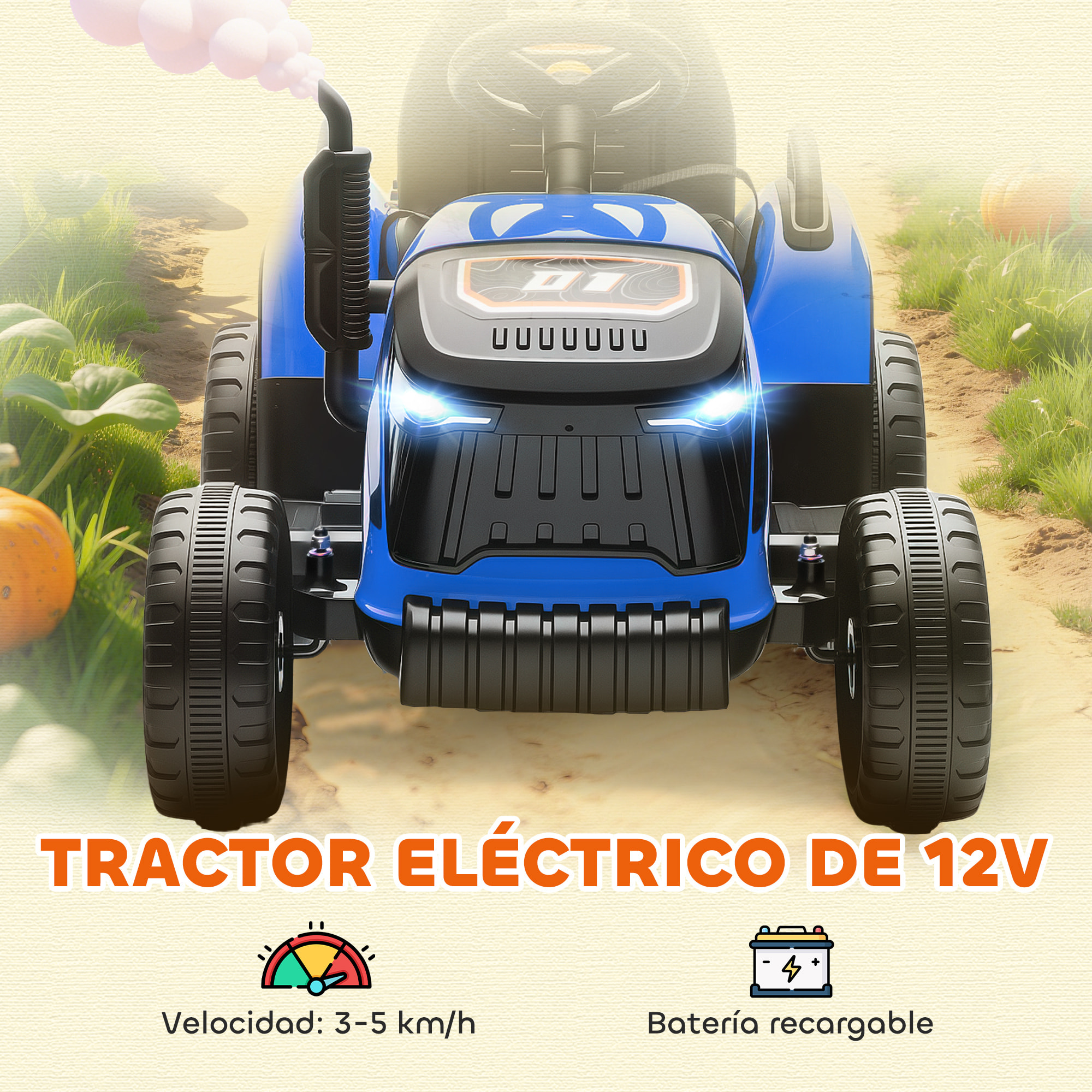 Tractor Eléctrico para Niños con Remolque Desmontable, Tractor de Juguete de Batería 12V, Velocidad 3-5 km/h, Control Remoto 2,4G, Música, Bocina, para Niños de 3-8 Años, Azul
