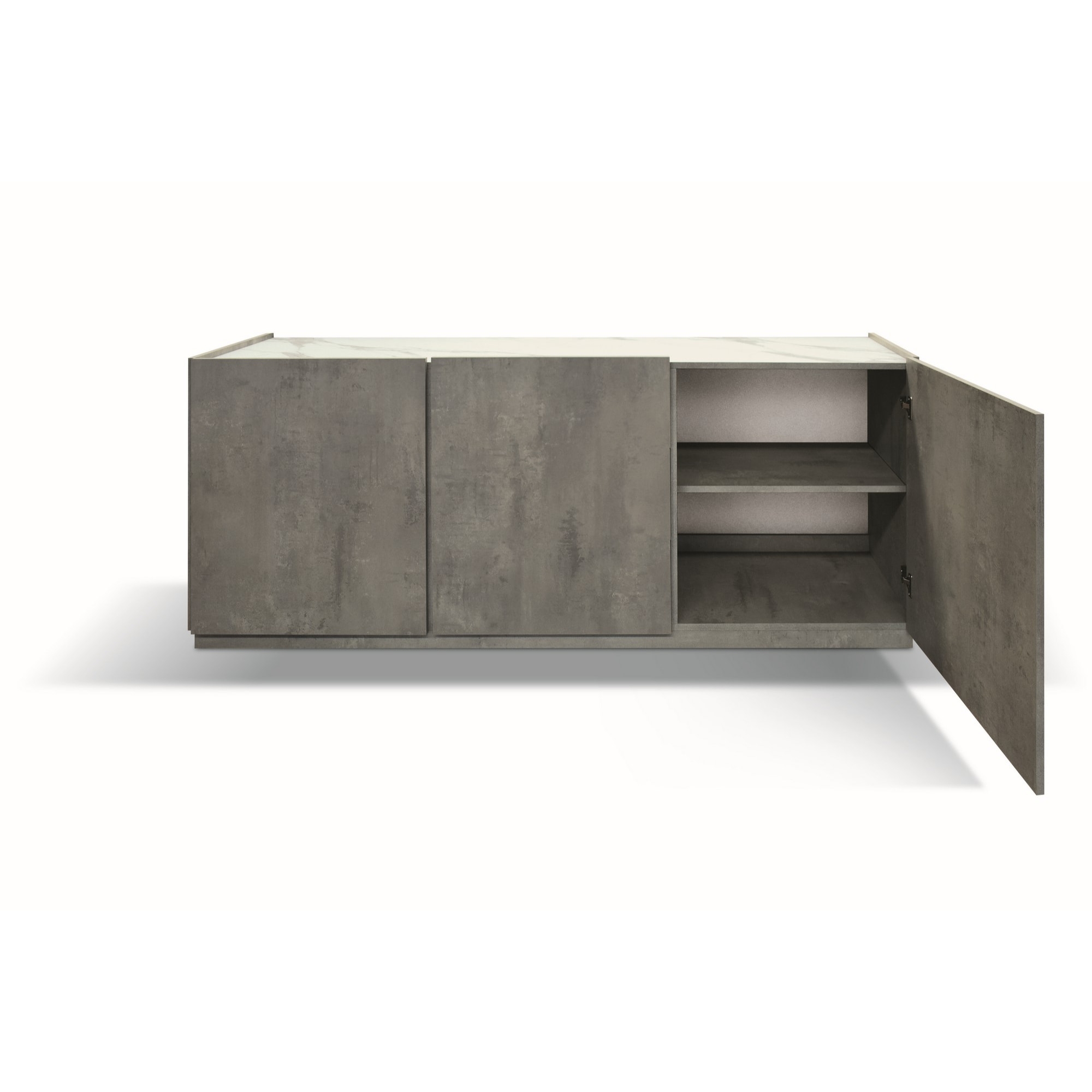 Credenza FAVIGNANA in legno, finitura in grigio cemento, piano effetto marmo statuario, 200x50 cm