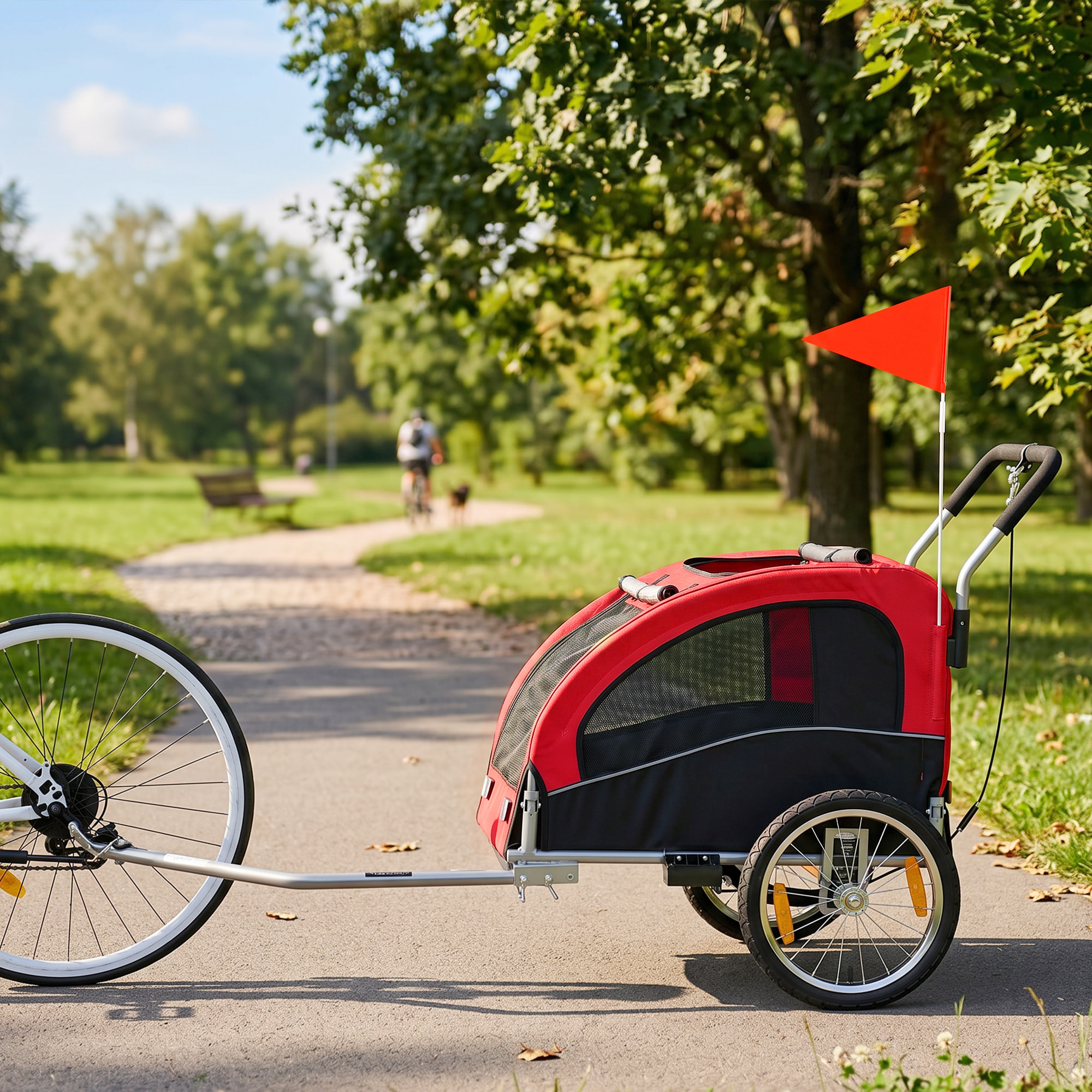 Remorque vélo jogger 2 en 1 pour animaux drapeau roue avant pivotante réflecteurs et barre d'attelage inclus rouge noir