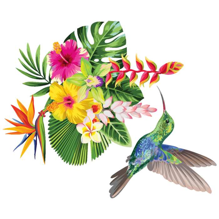 Stickers muraux | Sticker Mural Autocollant - FLEURS TROPICALES ET COLIBRI - adhésifs fond transparent